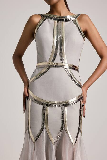 Buy Akhl Silver Lurex Tulle (57% Metallic Yarn 43% Polyester) Godet Fishtail Dress Online at Aza Fashions Buy_Akhl_Silver Lurex Tulle (57% Metallic Yarn 43% Polyester) Godet Fishtail Dress _Online_at_Aza_Fashions