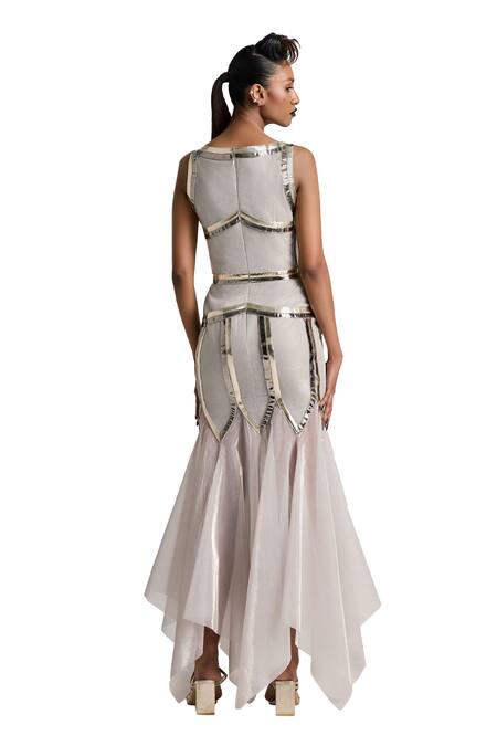 Shop Akhl Silver Lurex Tulle (57% Metallic Yarn 43% Polyester) Godet Fishtail Dress Online at Aza Fashions Shop_Akhl_Silver Lurex Tulle (57% Metallic Yarn 43% Polyester) Godet Fishtail Dress _Online_at_Aza_Fashions