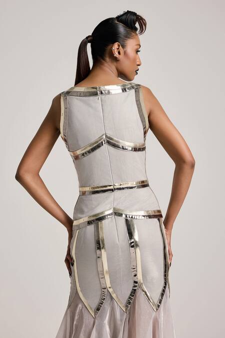 Akhl Silver Lurex Tulle (57% Metallic Yarn 43% Polyester) Godet Fishtail Dress at Aza Fashions Akhl_Silver Lurex Tulle (57% Metallic Yarn 43% Polyester) Godet Fishtail Dress _at_Aza_Fashions