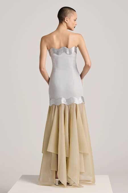 Shop_Akhl_Silver Lurex Tulle (57% Metallic Yarn 43% Polyester) Hand Godet Dress _at_Aza_Fashions