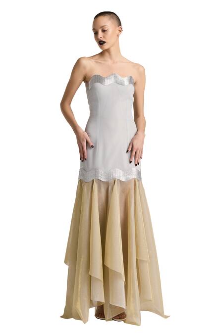 Akhl_Silver Lurex Tulle (57% Metallic Yarn 43% Polyester) Hand Godet Dress _Online_at_Aza_Fashions
