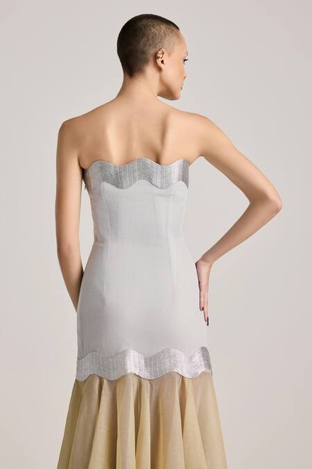 Akhl_Silver Lurex Tulle (57% Metallic Yarn 43% Polyester) Hand Godet Dress _at_Aza_Fashions