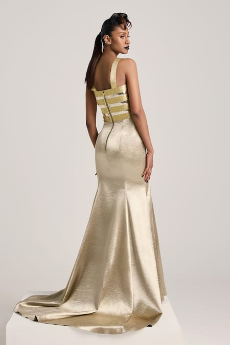 Shop_Akhl_Gold Textured Satin (90% Polyester 10% Elastane) Hand Embroidered Fishtail Dress _at_Aza_Fashions