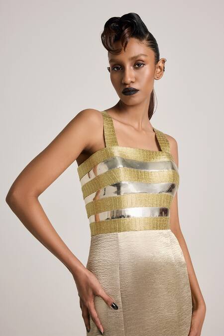 Akhl_Gold Textured Satin (90% Polyester 10% Elastane) Hand Embroidered Fishtail Dress _Online_at_Aza_Fashions