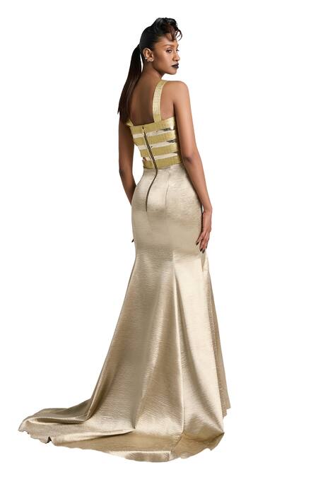 Buy_Akhl_Gold Textured Satin (90% Polyester 10% Elastane) Hand Embroidered Fishtail Dress _Online_at_Aza_Fashions