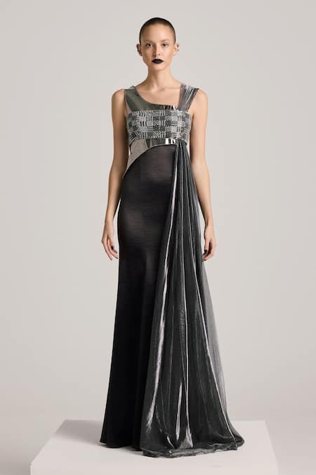 AKHL Black Textured Satin (90% Polyester 10% Elastane) Hand Fishtail Dress 