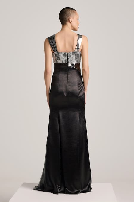 Shop_Akhl_Black Textured Satin (90% Polyester 10% Elastane) Hand Fishtail Dress _at_Aza_Fashions