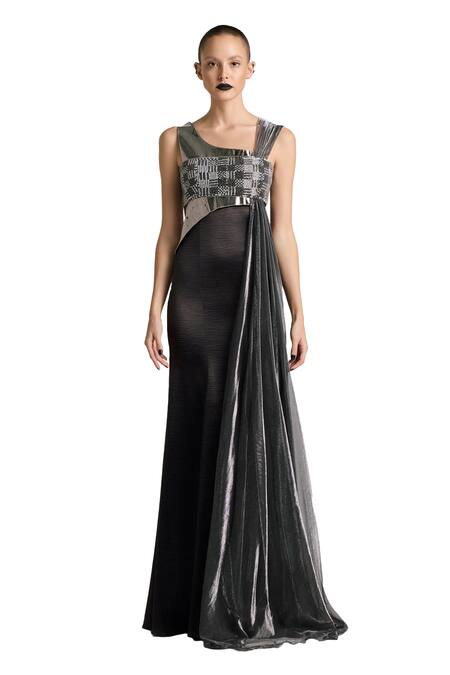 Akhl_Black Textured Satin (90% Polyester 10% Elastane) Hand Fishtail Dress _Online_at_Aza_Fashions