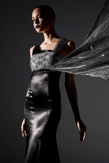 Buy_Akhl_Black Textured Satin (90% Polyester 10% Elastane) Hand Fishtail Dress _Online_at_Aza_Fashions