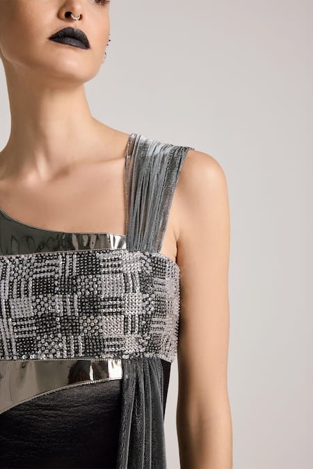 Shop_Akhl_Black Textured Satin (90% Polyester 10% Elastane) Hand Fishtail Dress _Online_at_Aza_Fashions