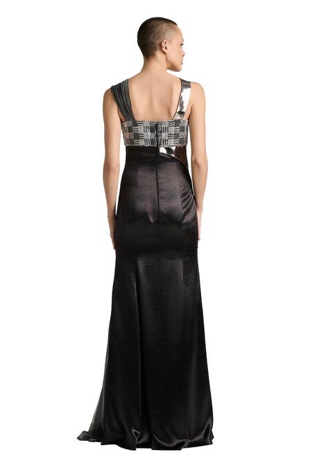 Akhl_Black Textured Satin (90% Polyester 10% Elastane) Hand Fishtail Dress _at_Aza_Fashions