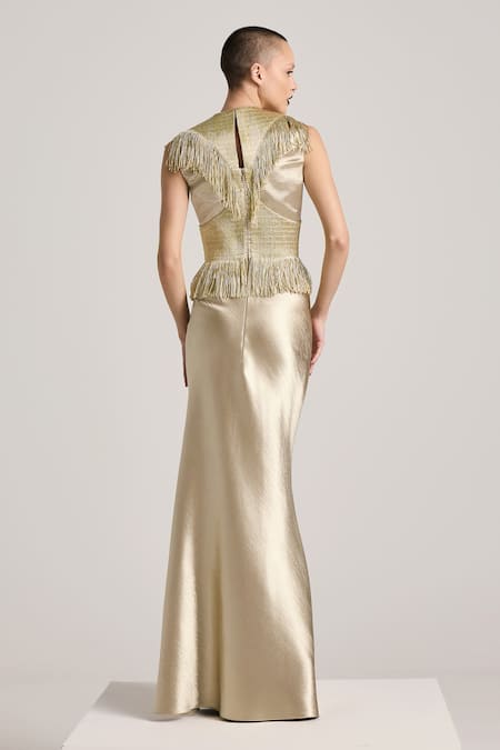 Shop Akhl Gold Satin, Polyester, Modal Fringe, Metallic Yarn Hand Fishtail Dress at Aza Fashions Shop_Akhl_Gold Satin, Polyester, Modal Fringe, Metallic Yarn Hand Fishtail Dress _at_Aza_Fashions