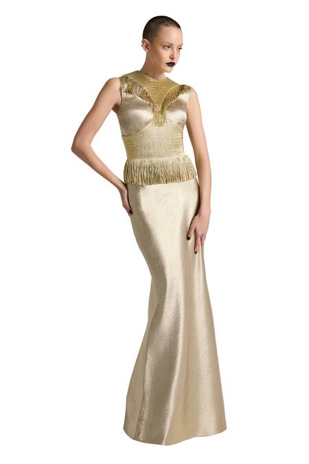 Akhl Gold Satin, Polyester, Modal Fringe, Metallic Yarn Hand Fishtail Dress Online at Aza Fashions Akhl_Gold Satin, Polyester, Modal Fringe, Metallic Yarn Hand Fishtail Dress _Online_at_Aza_Fashions