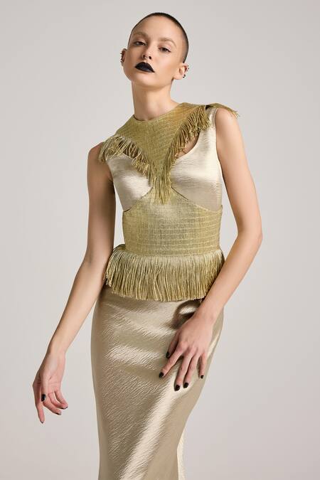 Buy Akhl Gold Satin, Polyester, Modal Fringe, Metallic Yarn Hand Fishtail Dress Online at Aza Fashions Buy_Akhl_Gold Satin, Polyester, Modal Fringe, Metallic Yarn Hand Fishtail Dress _Online_at_Aza_Fashions