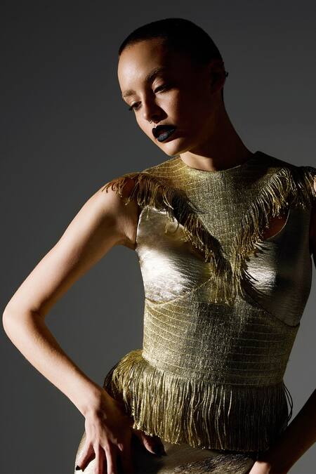 Shop Akhl Gold Satin, Polyester, Modal Fringe, Metallic Yarn Hand Fishtail Dress Online at Aza Fashions Shop_Akhl_Gold Satin, Polyester, Modal Fringe, Metallic Yarn Hand Fishtail Dress _Online_at_Aza_Fashions