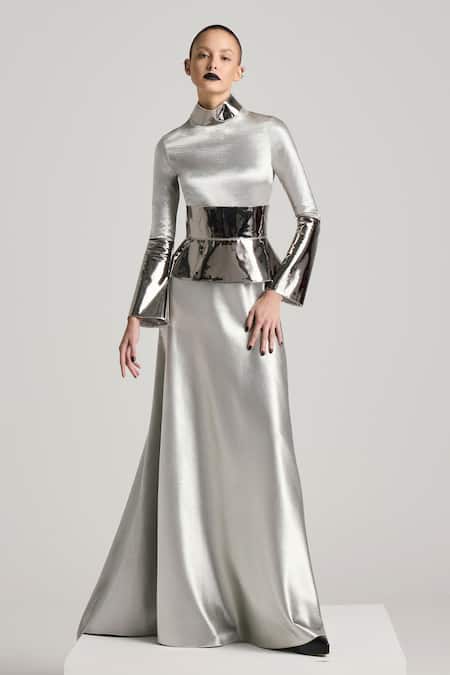 AKHL Silver Textured Satin (90% Polyester 10% Elastane) Hand Dress With Corset Belt