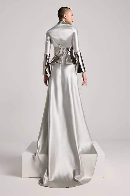 Shop_Akhl_Silver Textured Satin (90% Polyester 10% Elastane) Hand Dress With Corset Belt _at_Aza_Fashions