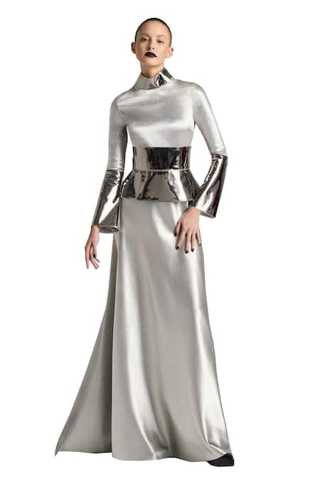 Akhl_Silver Textured Satin (90% Polyester 10% Elastane) Hand Dress With Corset Belt _Online_at_Aza_Fashions