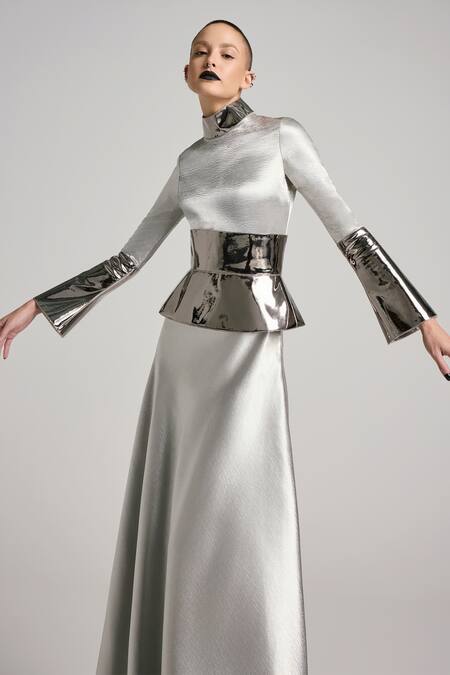 Buy_Akhl_Silver Textured Satin (90% Polyester 10% Elastane) Hand Dress With Corset Belt _Online_at_Aza_Fashions