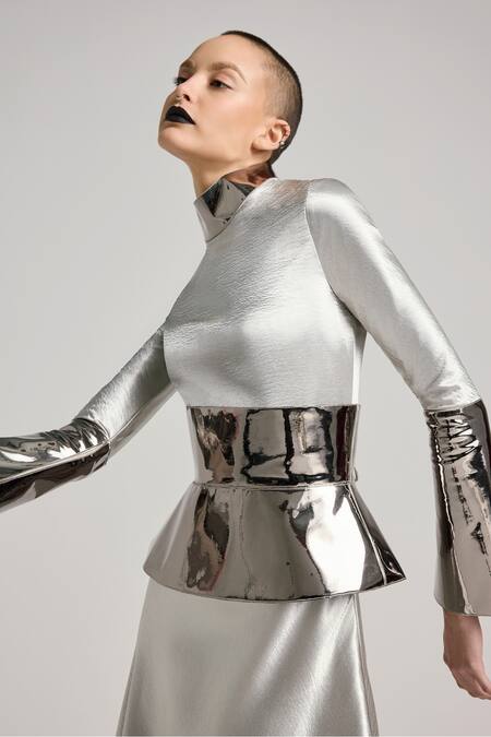 Shop_Akhl_Silver Textured Satin (90% Polyester 10% Elastane) Hand Dress With Corset Belt _Online_at_Aza_Fashions