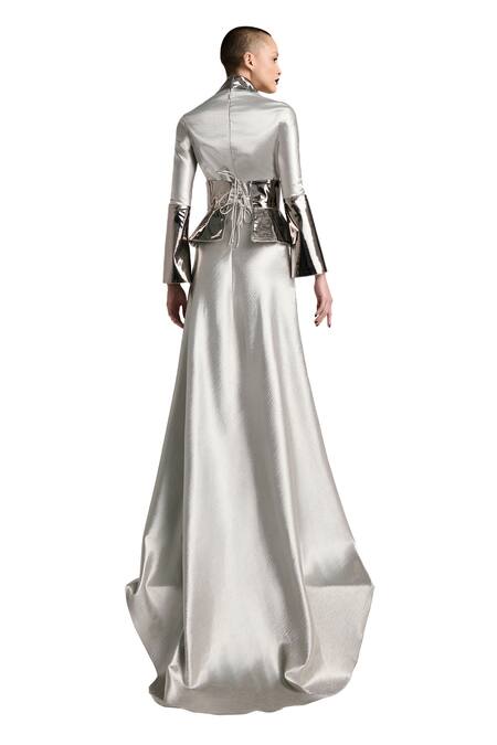 Akhl_Silver Textured Satin (90% Polyester 10% Elastane) Hand Dress With Corset Belt _at_Aza_Fashions