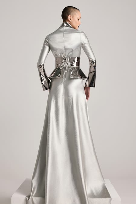 Buy_Akhl_Silver Textured Satin (90% Polyester 10% Elastane) Hand Dress With Corset Belt 
