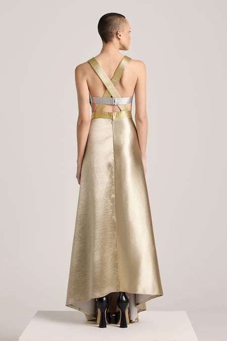 Shop Akhl Gold Textured Satin (90% Polyester 10% Elastane) Hand Embroidered Metallic Dress at Aza Fashions Shop_Akhl_Gold Textured Satin (90% Polyester 10% Elastane) Hand Embroidered Metallic Dress _at_Aza_Fashions
