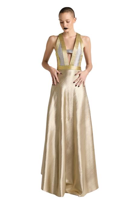 Akhl Gold Textured Satin (90% Polyester 10% Elastane) Hand Embroidered Metallic Dress Online at Aza Fashions Akhl_Gold Textured Satin (90% Polyester 10% Elastane) Hand Embroidered Metallic Dress _Online_at_Aza_Fashions