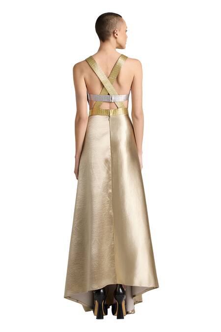 Shop Akhl Gold Textured Satin (90% Polyester 10% Elastane) Hand Embroidered Metallic Dress Online at Aza Fashions Shop_Akhl_Gold Textured Satin (90% Polyester 10% Elastane) Hand Embroidered Metallic Dress _Online_at_Aza_Fashions