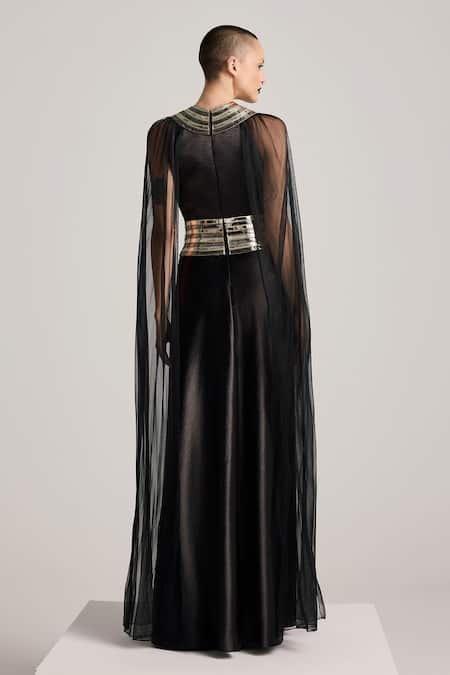 Shop_Akhl_Black Textured Satin (90% Polyester 10% Elastane) Applique Hand Dress _at_Aza_Fashions