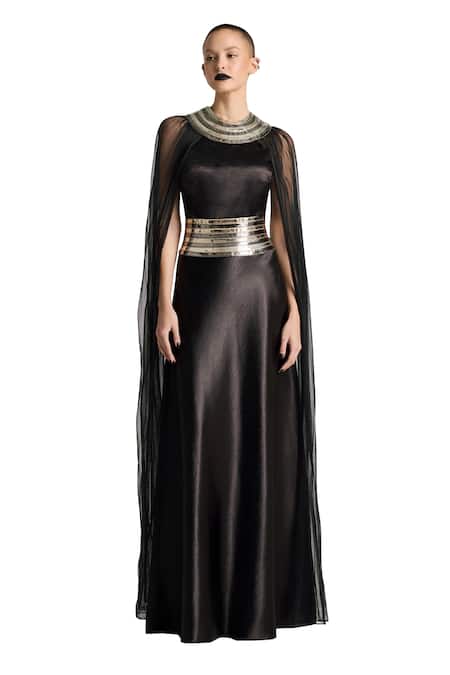 Akhl_Black Textured Satin (90% Polyester 10% Elastane) Applique Hand Dress _Online_at_Aza_Fashions
