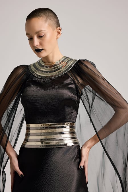 Buy_Akhl_Black Textured Satin (90% Polyester 10% Elastane) Applique Hand Dress _Online_at_Aza_Fashions