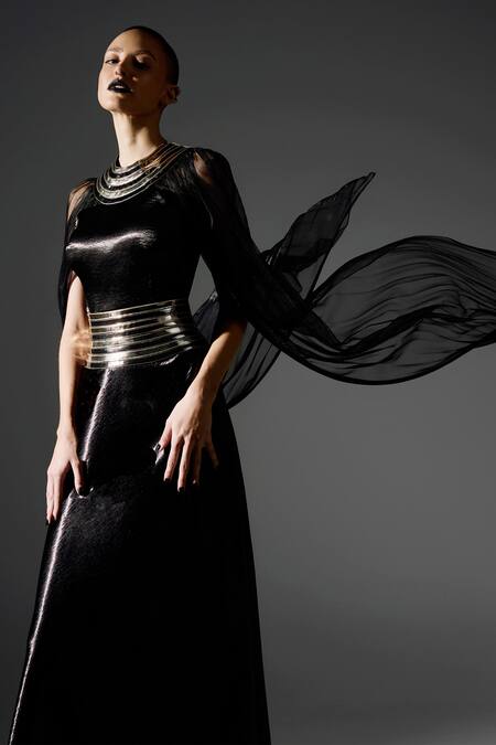Shop_Akhl_Black Textured Satin (90% Polyester 10% Elastane) Applique Hand Dress _Online_at_Aza_Fashions
