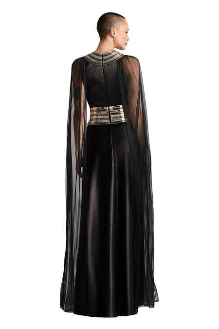 Akhl_Black Textured Satin (90% Polyester 10% Elastane) Applique Hand Dress _at_Aza_Fashions