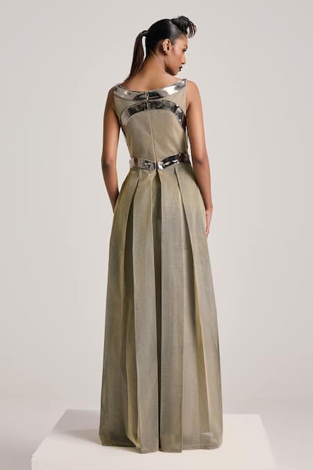 Shop_Akhl_Gold Lurex Tulle (57% Metallic Yarn 43% Polyester) Hand Pleated Dress _at_Aza_Fashions