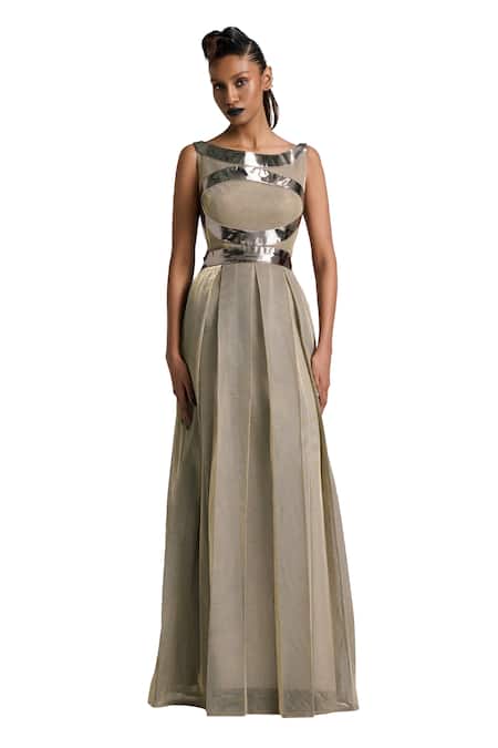 Akhl_Gold Lurex Tulle (57% Metallic Yarn 43% Polyester) Hand Pleated Dress _Online_at_Aza_Fashions