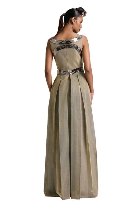 Shop_Akhl_Gold Lurex Tulle (57% Metallic Yarn 43% Polyester) Hand Pleated Dress _Online_at_Aza_Fashions