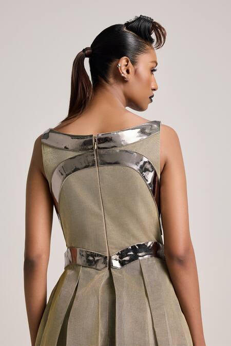 Akhl_Gold Lurex Tulle (57% Metallic Yarn 43% Polyester) Hand Pleated Dress _at_Aza_Fashions