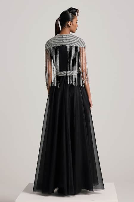 Shop_Akhl_Black Lurex Tulle (57% Metallic Yarn 43% Polyester) Hand Flared Dress With Cape _at_Aza_Fashions