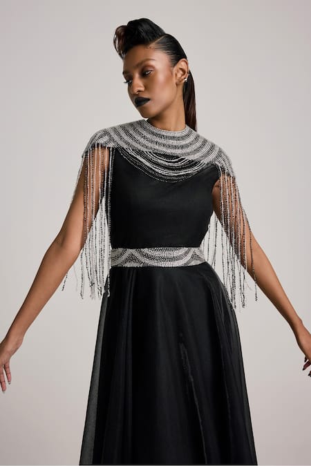Akhl_Black Lurex Tulle (57% Metallic Yarn 43% Polyester) Hand Flared Dress With Cape _Online_at_Aza_Fashions