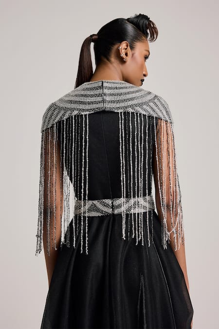 Buy_Akhl_Black Lurex Tulle (57% Metallic Yarn 43% Polyester) Hand Flared Dress With Cape _Online_at_Aza_Fashions
