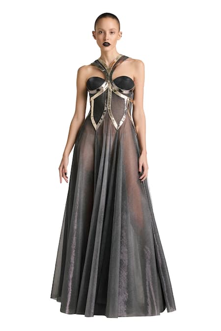 Buy_Akhl_Black Lurex Tulle (57% Metallic Yarn 43% Polyester) Applique Flared Corset Dress _Online_at_Aza_Fashions