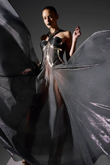 Shop_Akhl_Black Lurex Tulle (57% Metallic Yarn 43% Polyester) Applique Flared Corset Dress _Online_at_Aza_Fashions