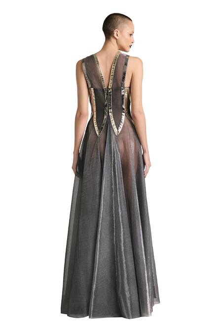 Akhl_Black Lurex Tulle (57% Metallic Yarn 43% Polyester) Applique Flared Corset Dress _at_Aza_Fashions