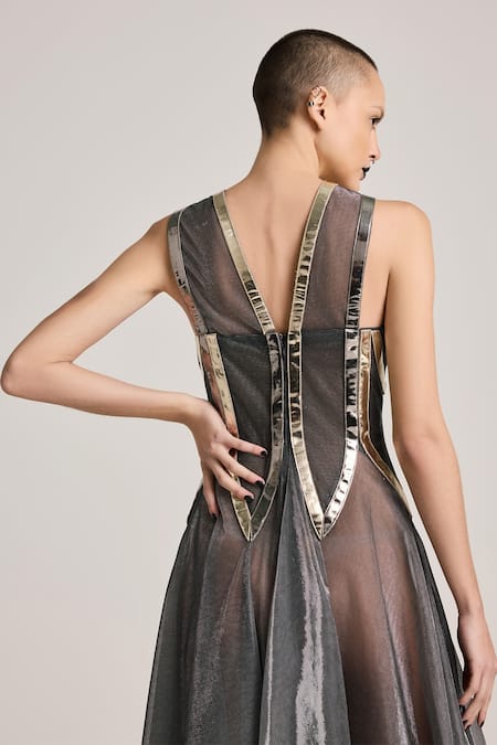 Buy_Akhl_Black Lurex Tulle (57% Metallic Yarn 43% Polyester) Applique Flared Corset Dress 