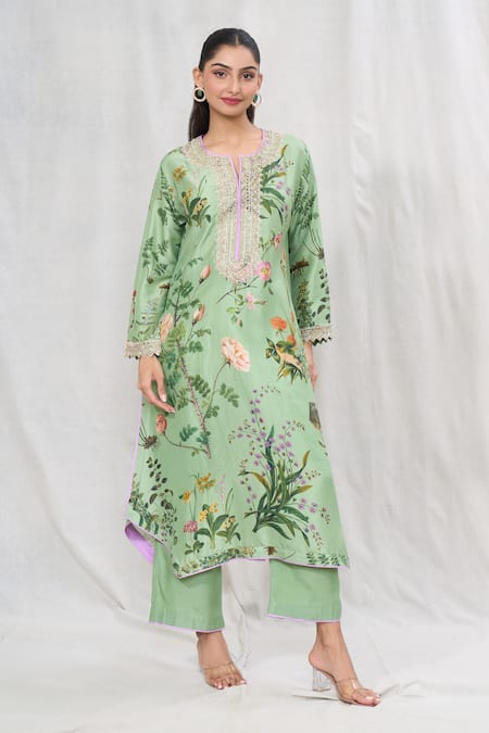 Anushree Reddy Green Dupion Silk Printed Floral Notched Kurta And Pant Set 