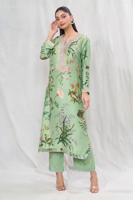 Buy_Anushree Reddy_Green Silk Lace, Embroidery Split V-neck Floral Print Kurta And Pant Set _Online_at_Aza_Fashions