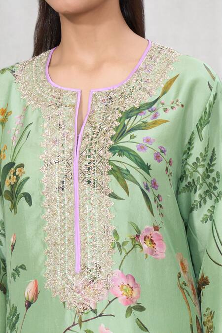 Shop_Anushree Reddy_Green Silk Lace, Embroidery Split V-neck Floral Print Kurta And Pant Set _Online_at_Aza_Fashions