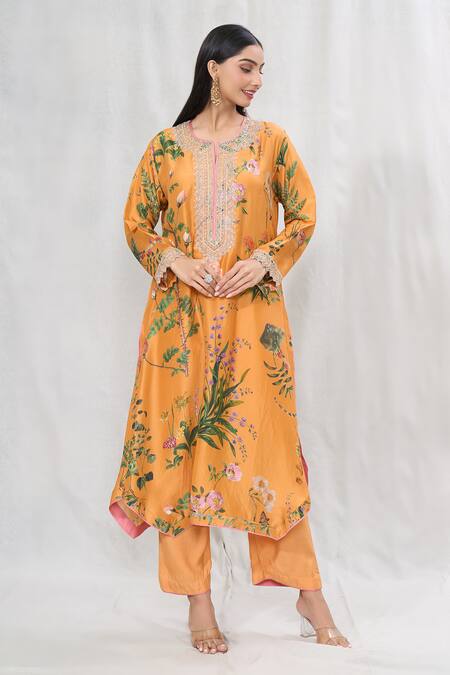 Buy_Anushree Reddy_Orange Silk Lace Split V-neck Floral Print Straight Kurta And Pant Set _Online_at_Aza_Fashions