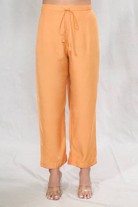 Shop_Anushree Reddy_Orange Silk Lace Split V-neck Floral Print Straight Kurta And Pant Set _Online_at_Aza_Fashions